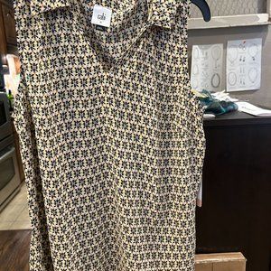 CAbi Sleeveless Collared Shell in Beige and Navy Geo Print